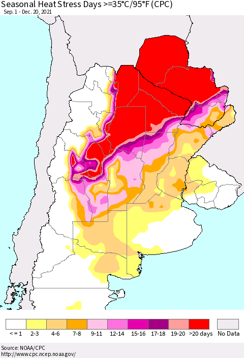 Southern South America Seasonal Heat Stress Days >=35°C/95°F (CPC) Thematic Map For 9/1/2021 - 12/20/2021
