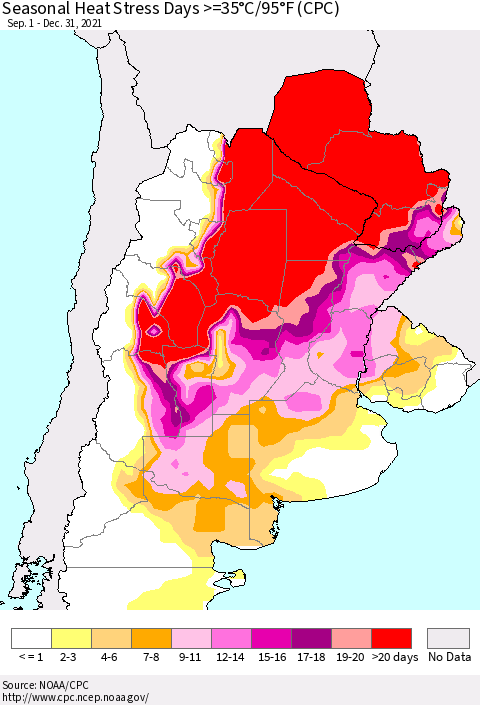 Southern South America Seasonal Heat Stress Days >=35°C/95°F (CPC) Thematic Map For 9/1/2021 - 12/31/2021