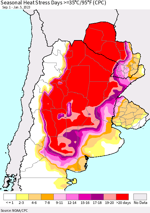 Southern South America Seasonal Heat Stress Days >=35°C/95°F (CPC) Thematic Map For 9/1/2022 - 1/5/2023