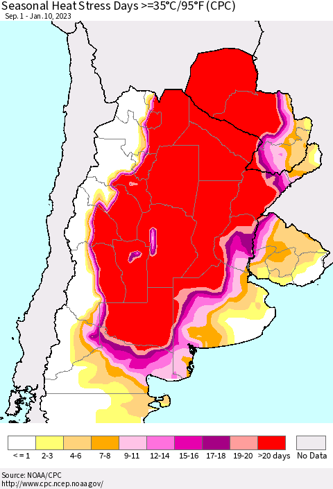 Southern South America Seasonal Heat Stress Days >=35°C/95°F (CPC) Thematic Map For 9/1/2022 - 1/10/2023