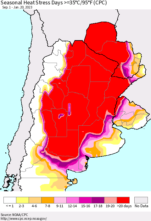 Southern South America Seasonal Heat Stress Days >=35°C/95°F (CPC) Thematic Map For 9/1/2022 - 1/20/2023