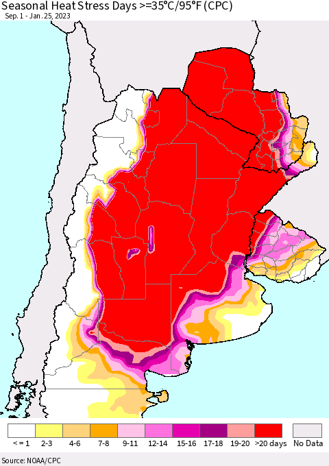 Southern South America Seasonal Heat Stress Days >=35°C/95°F (CPC) Thematic Map For 9/1/2022 - 1/25/2023