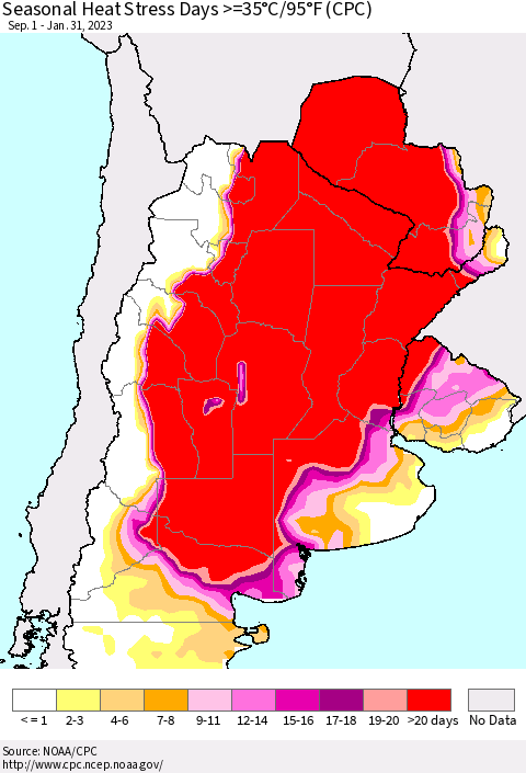 Southern South America Seasonal Heat Stress Days >=35°C/95°F (CPC) Thematic Map For 9/1/2022 - 1/31/2023