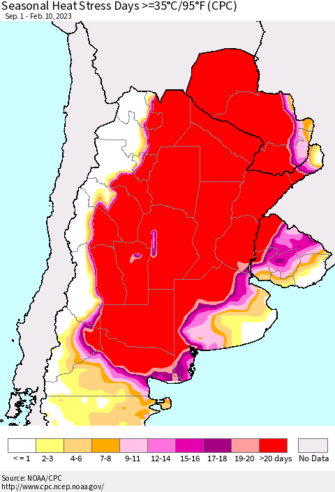 Southern South America Seasonal Heat Stress Days >=35°C/95°F (CPC) Thematic Map For 9/1/2022 - 2/10/2023