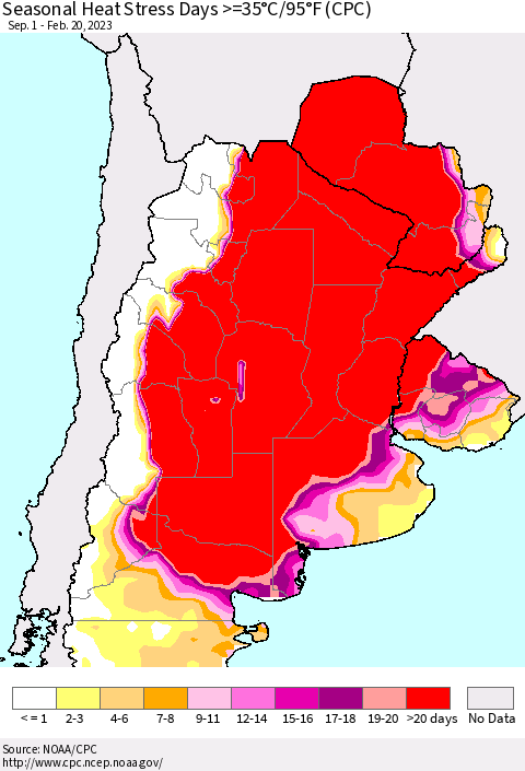 Southern South America Seasonal Heat Stress Days >=35°C/95°F (CPC) Thematic Map For 9/1/2022 - 2/20/2023