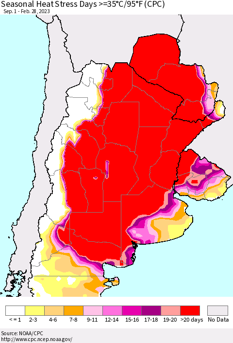 Southern South America Seasonal Heat Stress Days >=35°C/95°F (CPC) Thematic Map For 9/1/2022 - 2/28/2023