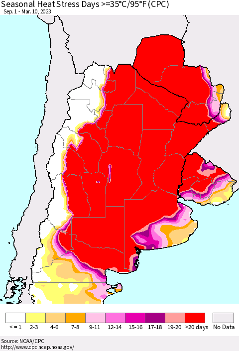 Southern South America Seasonal Heat Stress Days >=35°C/95°F (CPC) Thematic Map For 9/1/2022 - 3/10/2023
