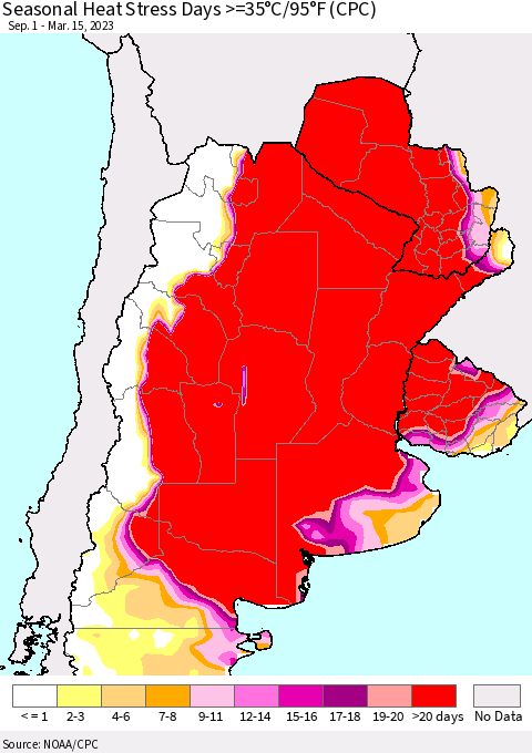 Southern South America Seasonal Heat Stress Days >=35°C/95°F (CPC) Thematic Map For 9/1/2022 - 3/15/2023
