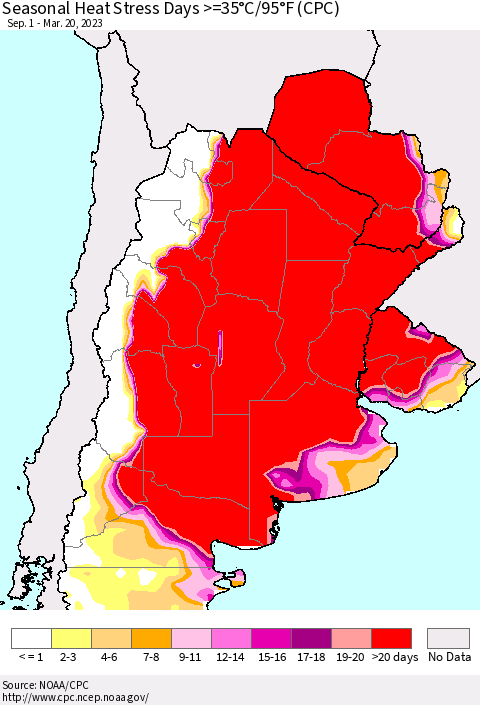 Southern South America Seasonal Heat Stress Days >=35°C/95°F (CPC) Thematic Map For 9/1/2022 - 3/20/2023