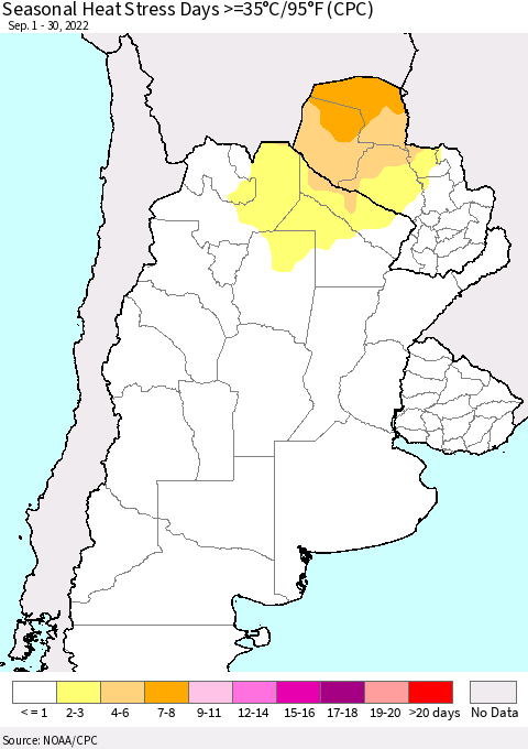 Southern South America Seasonal Heat Stress Days >=35°C/95°F (CPC) Thematic Map For 9/1/2022 - 9/30/2022