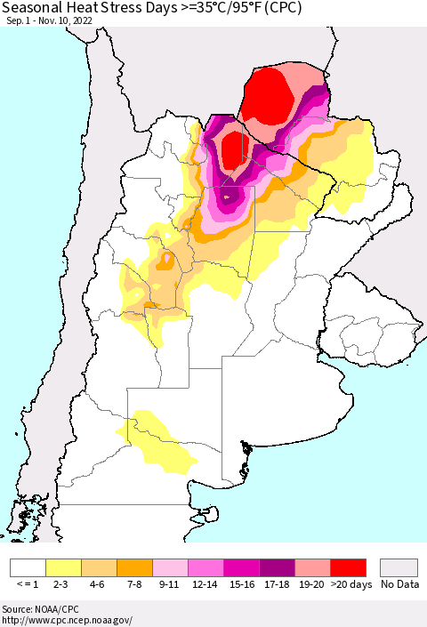 Southern South America Seasonal Heat Stress Days >=35°C/95°F (CPC) Thematic Map For 9/1/2022 - 11/10/2022