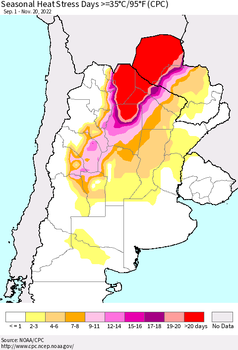 Southern South America Seasonal Heat Stress Days >=35°C/95°F (CPC) Thematic Map For 9/1/2022 - 11/20/2022