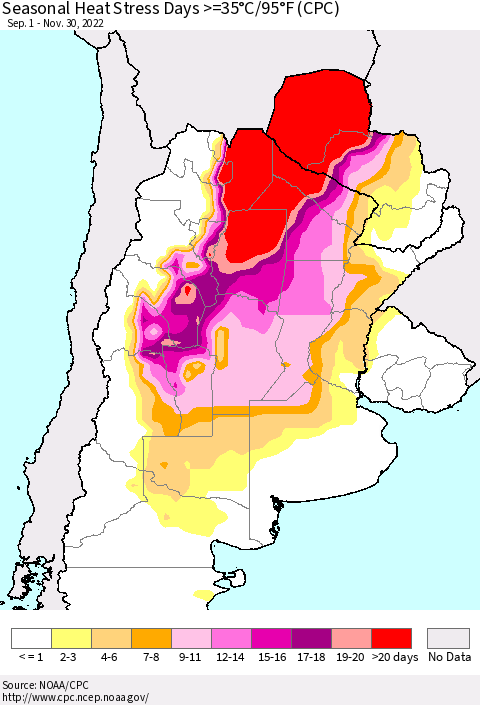 Southern South America Seasonal Heat Stress Days >=35°C/95°F (CPC) Thematic Map For 9/1/2022 - 11/30/2022
