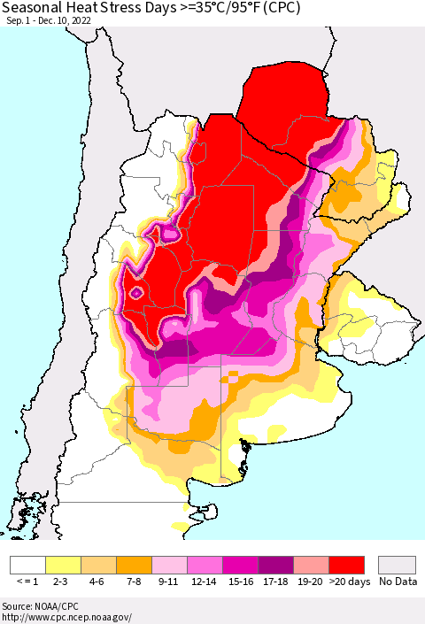 Southern South America Seasonal Heat Stress Days >=35°C/95°F (CPC) Thematic Map For 9/1/2022 - 12/10/2022