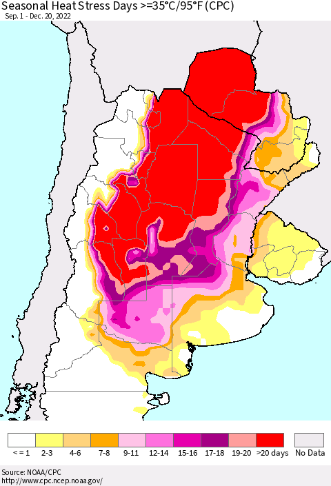 Southern South America Seasonal Heat Stress Days >=35°C/95°F (CPC) Thematic Map For 9/1/2022 - 12/20/2022