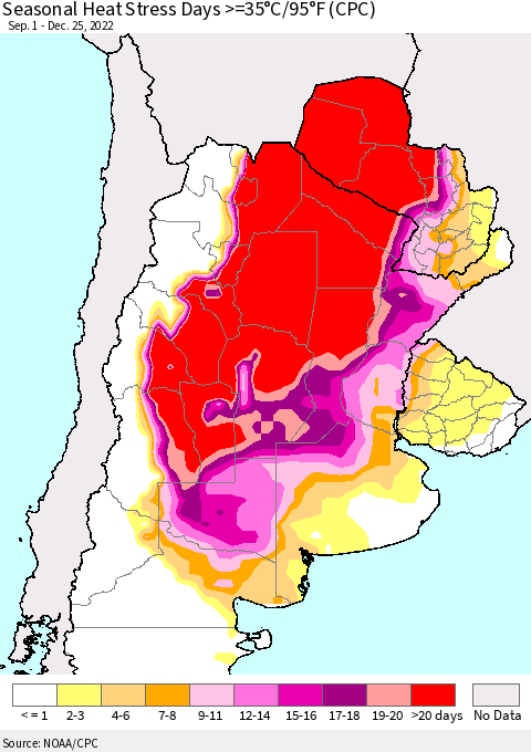 Southern South America Seasonal Heat Stress Days >=35°C/95°F (CPC) Thematic Map For 9/1/2022 - 12/25/2022