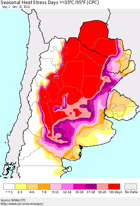 Southern South America Seasonal Heat Stress Days >=35°C/95°F (CPC) Thematic Map For 9/1/2022 - 12/31/2022