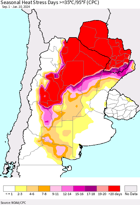 Southern South America Seasonal Heat Stress Days >=35°C/95°F (CPC) Thematic Map For 9/1/2023 - 1/10/2024
