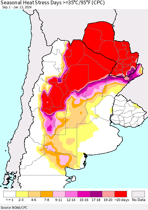 Southern South America Seasonal Heat Stress Days >=35°C/95°F (CPC) Thematic Map For 9/1/2023 - 1/15/2024