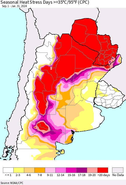 Southern South America Seasonal Heat Stress Days >=35°C/95°F (CPC) Thematic Map For 9/1/2023 - 1/31/2024