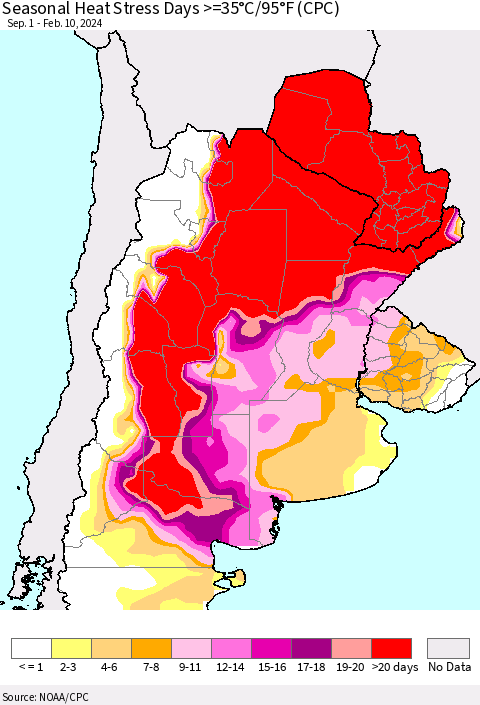 Southern South America Seasonal Heat Stress Days >=35°C/95°F (CPC) Thematic Map For 9/1/2023 - 2/10/2024