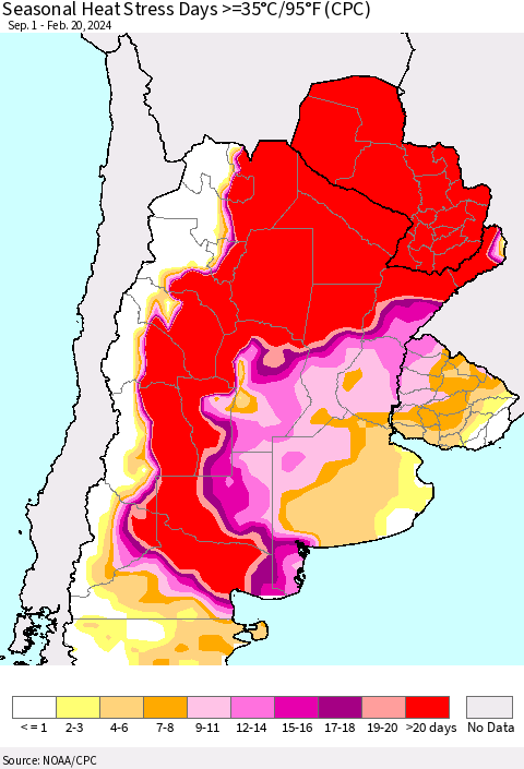 Southern South America Seasonal Heat Stress Days >=35°C/95°F (CPC) Thematic Map For 9/1/2023 - 2/20/2024