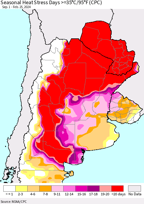 Southern South America Seasonal Heat Stress Days >=35°C/95°F (CPC) Thematic Map For 9/1/2023 - 2/25/2024