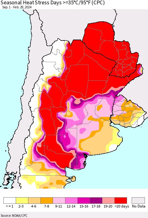 Southern South America Seasonal Heat Stress Days >=35°C/95°F (CPC) Thematic Map For 9/1/2023 - 2/29/2024