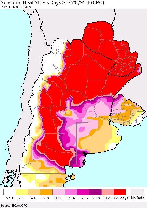 Southern South America Seasonal Heat Stress Days >=35°C/95°F (CPC) Thematic Map For 9/1/2023 - 3/31/2024