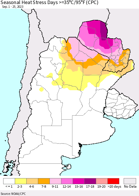 Southern South America Seasonal Heat Stress Days >=35°C/95°F (CPC) Thematic Map For 9/1/2023 - 9/25/2023