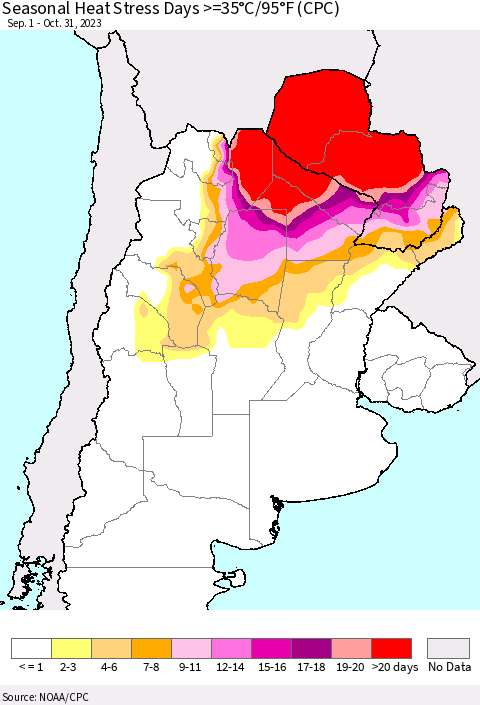 Southern South America Seasonal Heat Stress Days >=35°C/95°F (CPC) Thematic Map For 9/1/2023 - 10/31/2023