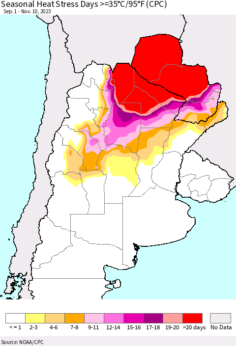 Southern South America Seasonal Heat Stress Days >=35°C/95°F (CPC) Thematic Map For 9/1/2023 - 11/10/2023