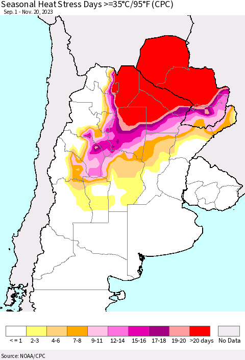 Southern South America Seasonal Heat Stress Days >=35°C/95°F (CPC) Thematic Map For 9/1/2023 - 11/20/2023
