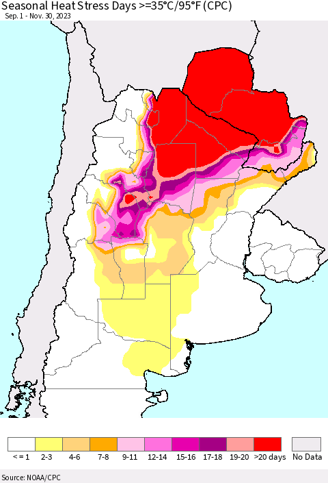 Southern South America Seasonal Heat Stress Days >=35°C/95°F (CPC) Thematic Map For 9/1/2023 - 11/30/2023
