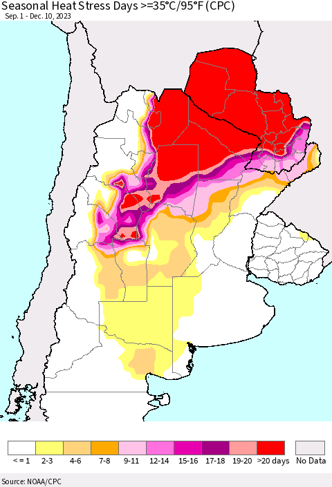 Southern South America Seasonal Heat Stress Days >=35°C/95°F (CPC) Thematic Map For 9/1/2023 - 12/10/2023