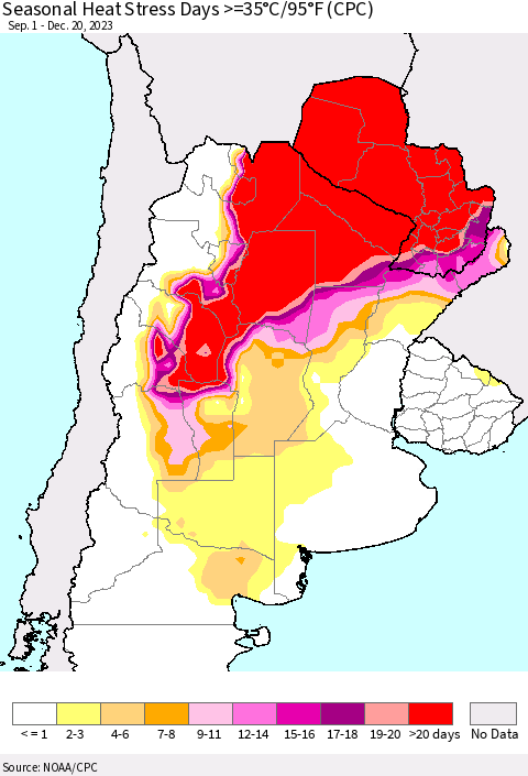 Southern South America Seasonal Heat Stress Days >=35°C/95°F (CPC) Thematic Map For 9/1/2023 - 12/20/2023