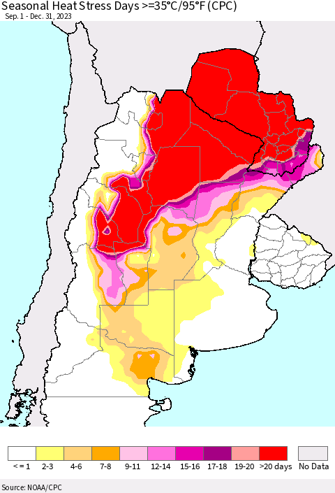 Southern South America Seasonal Heat Stress Days >=35°C/95°F (CPC) Thematic Map For 9/1/2023 - 12/31/2023
