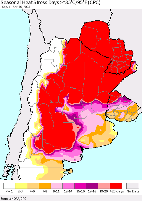 Southern South America Seasonal Heat Stress Days >=35°C/95°F (CPC) Thematic Map For 9/1/2024 - 4/10/2025