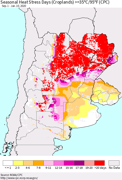 Southern South America Seasonal Heat Stress Days (Croplands) >=35°C/95°F (CPC) Thematic Map For 9/1/2019 - 1/10/2020