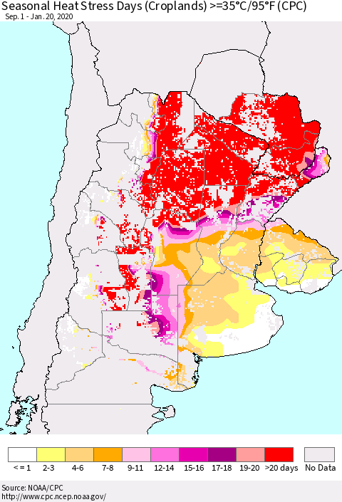 Southern South America Seasonal Heat Stress Days (Croplands) >=35°C/95°F (CPC) Thematic Map For 9/1/2019 - 1/20/2020