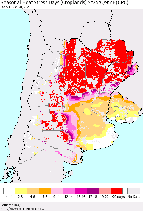 Southern South America Seasonal Heat Stress Days (Croplands) >=35°C/95°F (CPC) Thematic Map For 9/1/2019 - 1/31/2020
