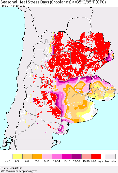 Southern South America Seasonal Heat Stress Days (Croplands) >=35°C/95°F (CPC) Thematic Map For 9/1/2019 - 3/10/2020