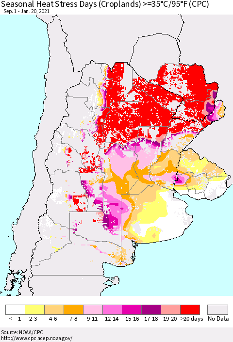 Southern South America Seasonal Heat Stress Days (Croplands) >=35°C/95°F (CPC) Thematic Map For 9/1/2020 - 1/20/2021