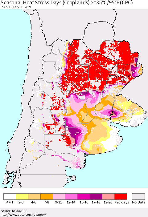 Southern South America Seasonal Heat Stress Days (Croplands) >=35°C/95°F (CPC) Thematic Map For 9/1/2020 - 2/10/2021