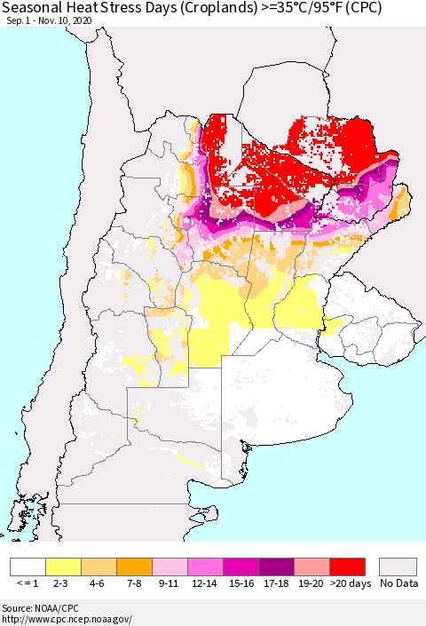Southern South America Seasonal Heat Stress Days (Croplands) >=35°C/95°F (CPC) Thematic Map For 9/1/2020 - 11/10/2020