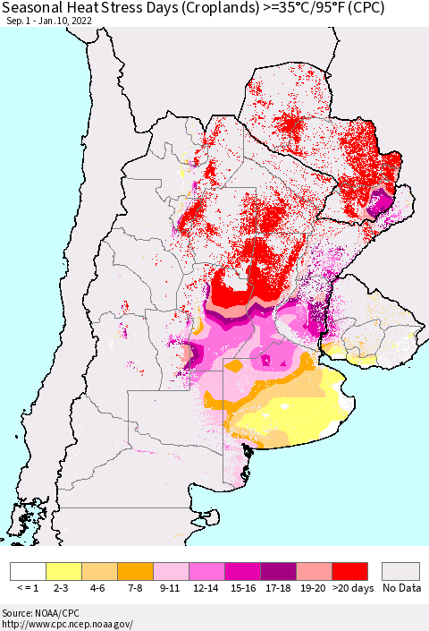 Southern South America Seasonal Heat Stress Days (Croplands) >=35°C/95°F (CPC) Thematic Map For 9/1/2021 - 1/10/2022
