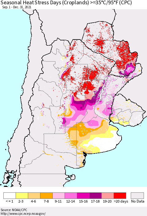 Southern South America Seasonal Heat Stress Days (Croplands) >=35°C/95°F (CPC) Thematic Map For 9/1/2021 - 12/31/2021
