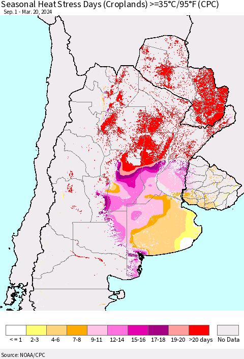 Southern South America Seasonal Heat Stress Days (Croplands) >=35°C/95°F (CPC) Thematic Map For 9/1/2023 - 3/20/2024