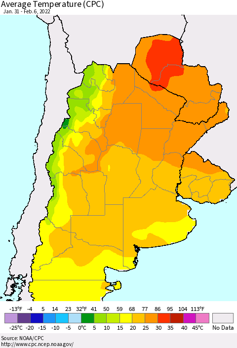 Southern South America Average Temperature (CPC) Thematic Map For 1/31/2022 - 2/6/2022