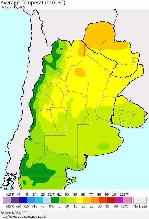 Southern South America Average Temperature (CPC) Thematic Map For 5/9/2022 - 5/15/2022